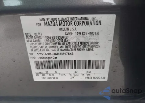 2011 Mazda Mazda6 I Touring из США, поврежденный, VIN 1YVHZ8CH6B5M17843